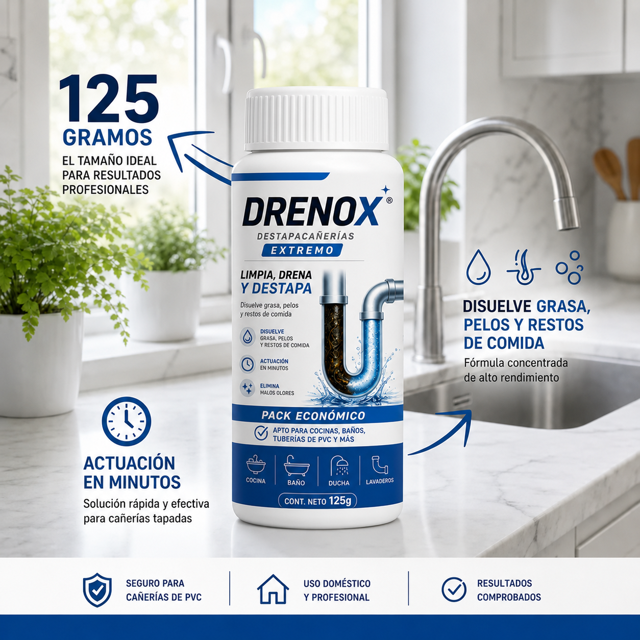 DRENOX® Destapacañerías – Eliminá obstrucciones en Minutos