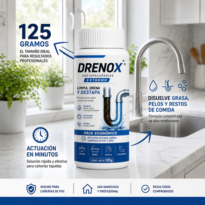DRENOX® Destapacañerías – Eliminá obstrucciones en Minutos