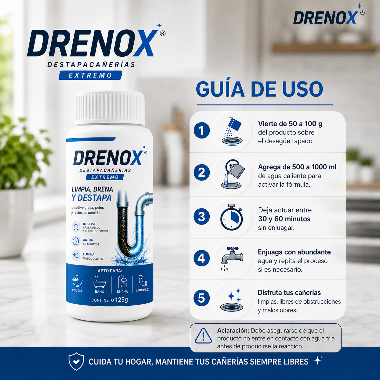 DRENOX® Destapacañerías – Eliminá obstrucciones en Minutos