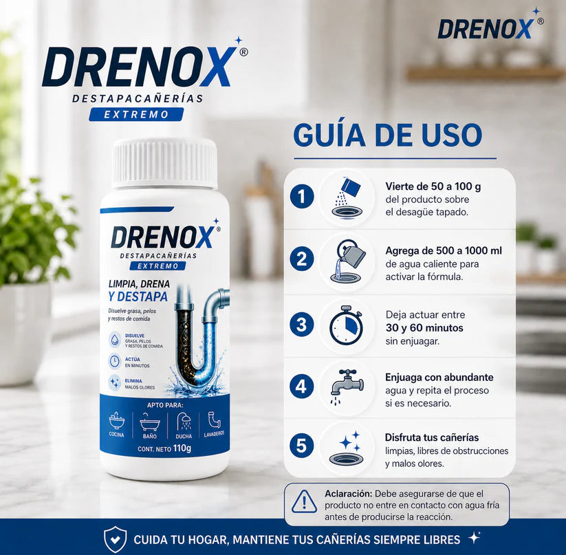 DRENOX® Destapacañerías – Eliminá obstrucciones en Minutos